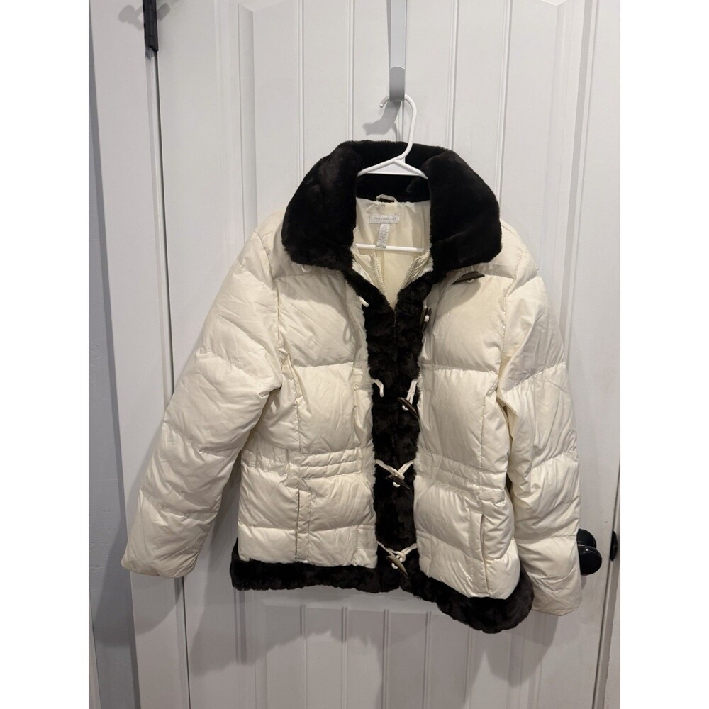 Charter Club Womens L Ivory Puffer Coat Faux Fur Trim Toggle Down Jacket